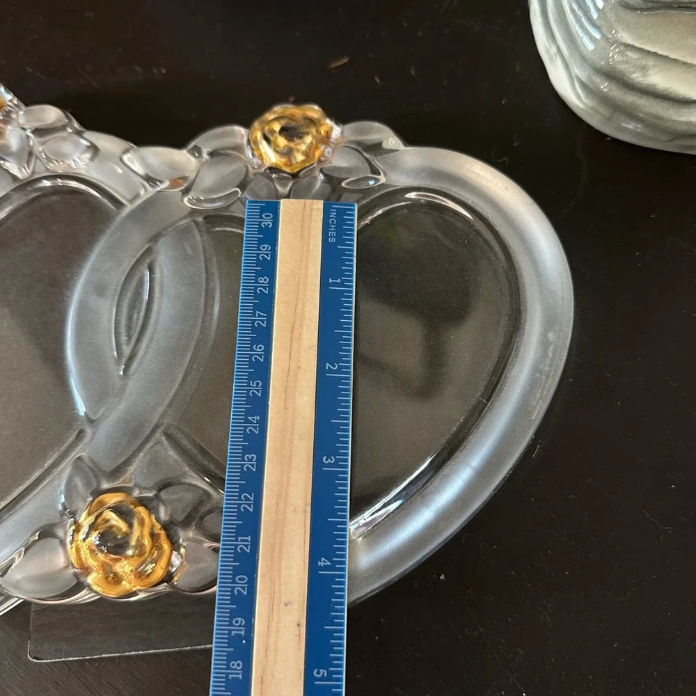 VTG Mikasa Crystal Double Heart Picture Frame Gold Roses Frosted Cottage Wedding